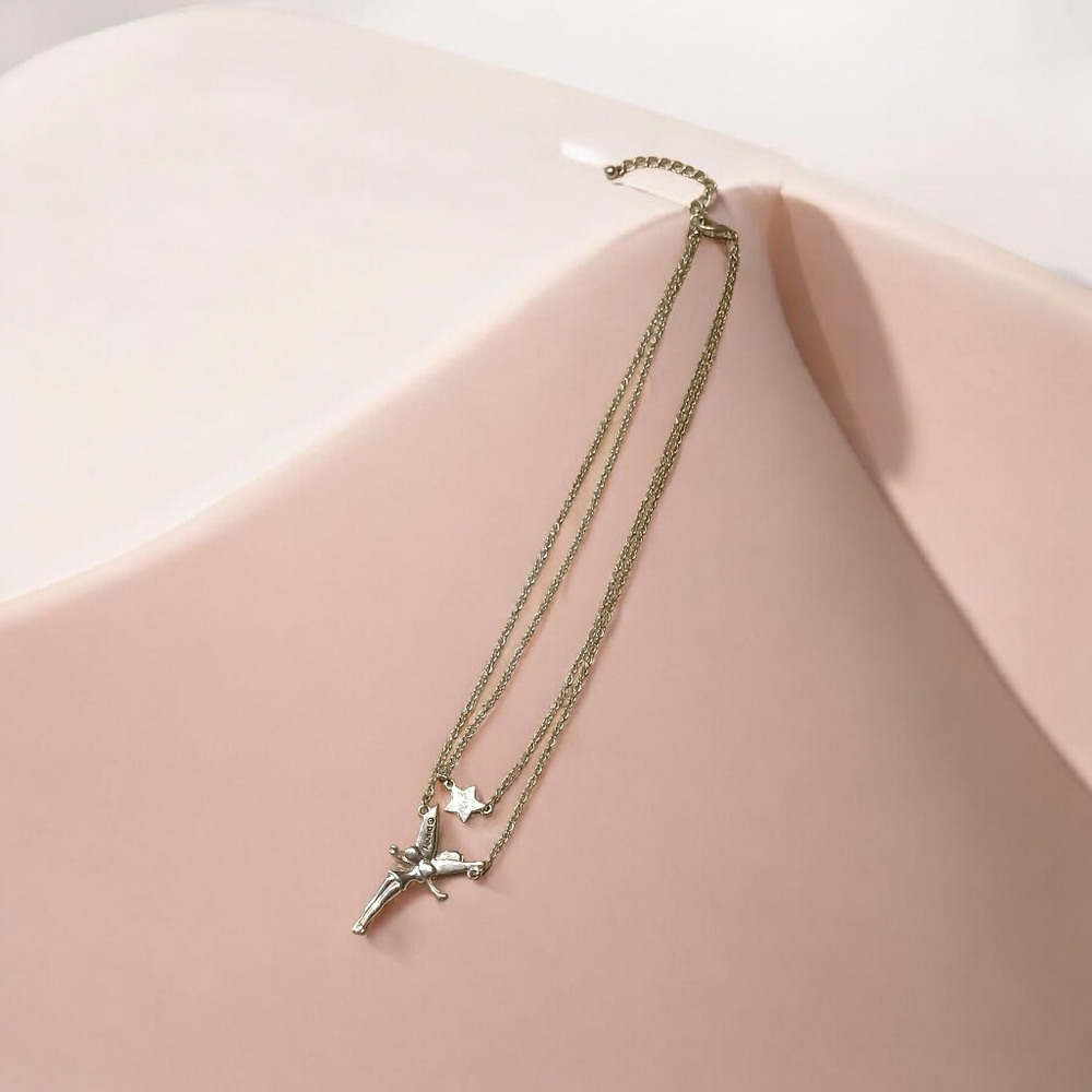 Tinker Bell Double Chain With Star Silvertone Necklace - Picture 11 of 13